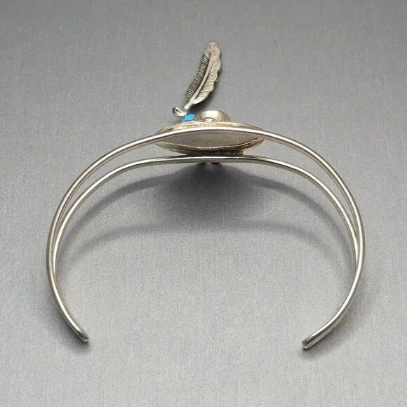 VTG Southwestern Sterling Silver Bracelet 6.75" Crushed Turquoise Feather Charm - Picture 5 of 15
